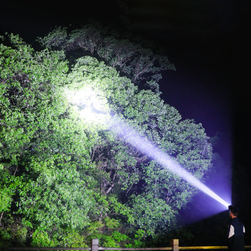 "Kraftfull LED pannlampa med justerbar rem, visad framifrån, vattentät och ergonomisk design för nattaktiviteter."