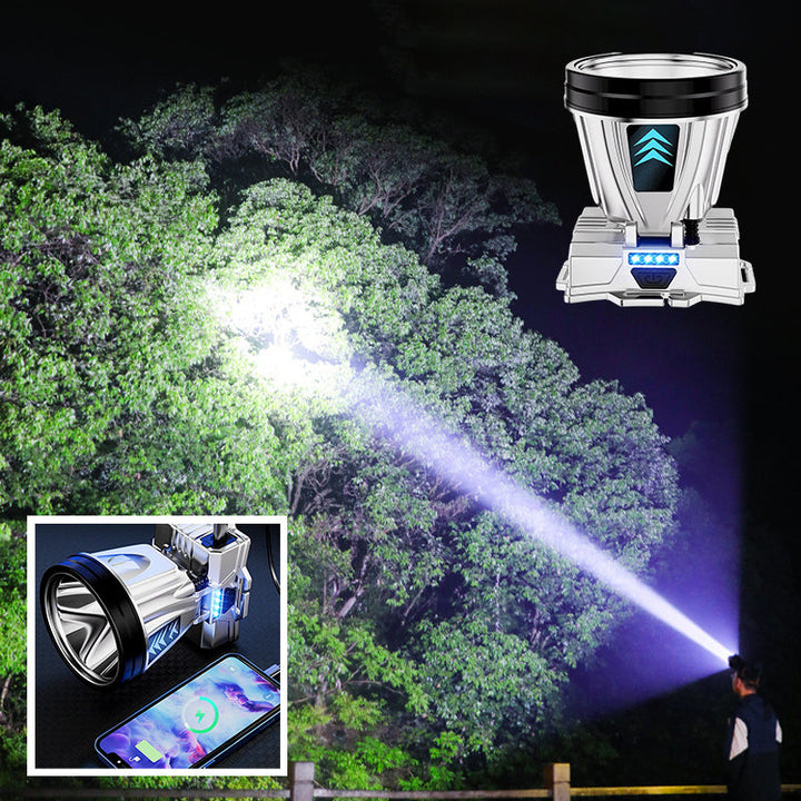 "Kraftfull LED pannlampa med justerbar rem, visad framifrån, vattentät och ergonomisk design för nattaktiviteter."