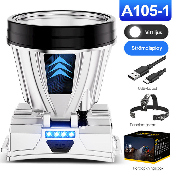 "Kraftfull LED pannlampa med justerbar rem, visad framifrån, vattentät och ergonomisk design för nattaktiviteter."