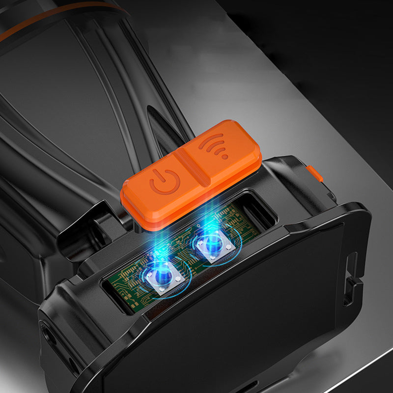 "Kraftfull LED pannlampa med justerbar rem, visad framifrån, vattentät och ergonomisk design för nattaktiviteter."