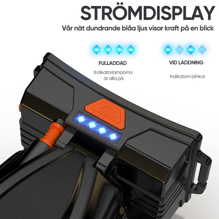 "Kraftfull LED pannlampa med justerbar rem, visad framifrån, vattentät och ergonomisk design för nattaktiviteter."