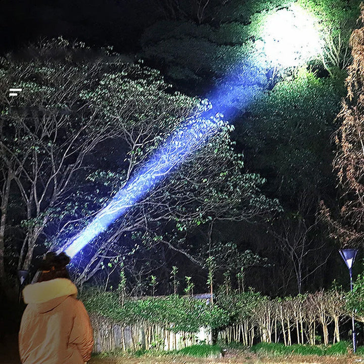 "Kraftfull LED pannlampa med justerbar rem, visad framifrån, vattentät och ergonomisk design för nattaktiviteter."