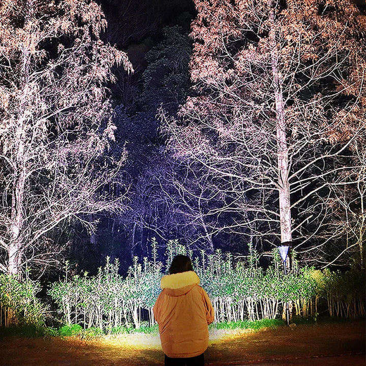 "Kraftfull LED pannlampa med justerbar rem, visad framifrån, vattentät och ergonomisk design för nattaktiviteter."