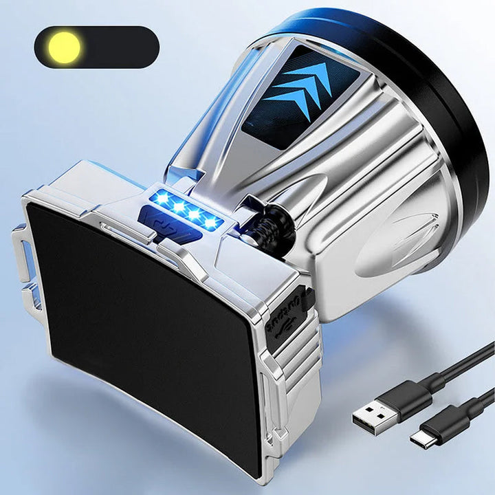 "Kraftfull LED pannlampa med justerbar rem, visad framifrån, vattentät och ergonomisk design för nattaktiviteter."