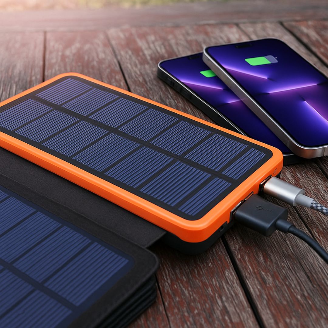 Kraftfull solcellsladdare powerbank för mobil. Bärbar nödladdare med solenergi, perfekt för utomhus & camping.