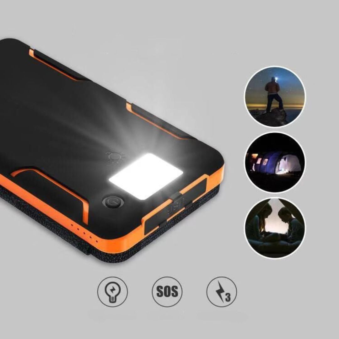 Bärbar powerbank med solcellsladdning, perfekt för camping och äventyr. Hållbar nödladdare för din mobil.