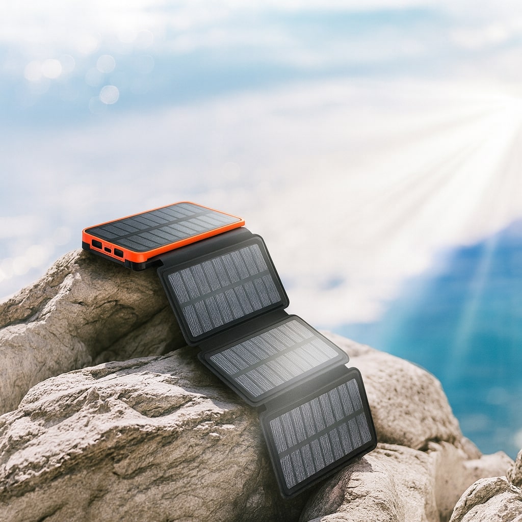 Miljövänlig powerbank med solcellsladdning. En bärbar nödladdare som är utmärkt för mobil och utomhusaktiviteter.