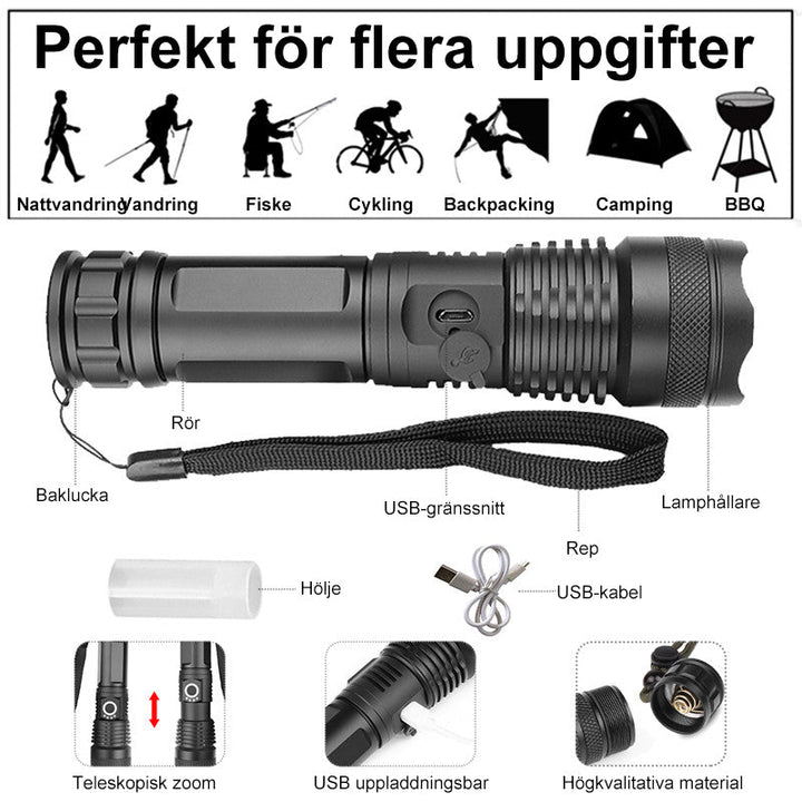 "Kraftfull vattentät LED-ficklampa i aluminium med uppladdningsbar funktion, perfekt för äventyr och dåliga väderförhållanden