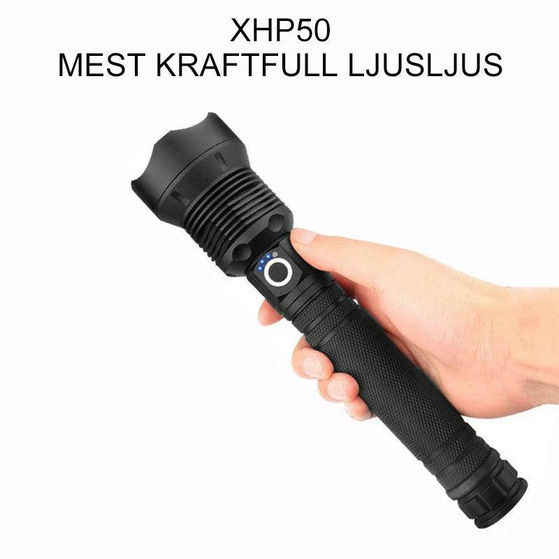 "Kraftfull vattentät LED-ficklampa i aluminium med uppladdningsbar funktion, perfekt för äventyr och dåliga väderförhållanden