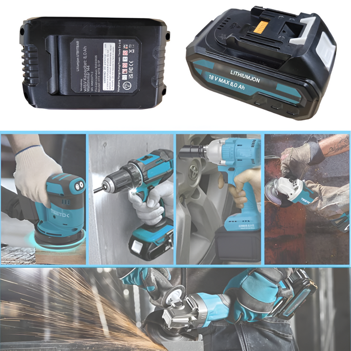Komplett set med 18V 8,0 Ah litiumjonbatteri och snabbladdare. Perfekt för DIY-projekt och verktygstillbehör.
