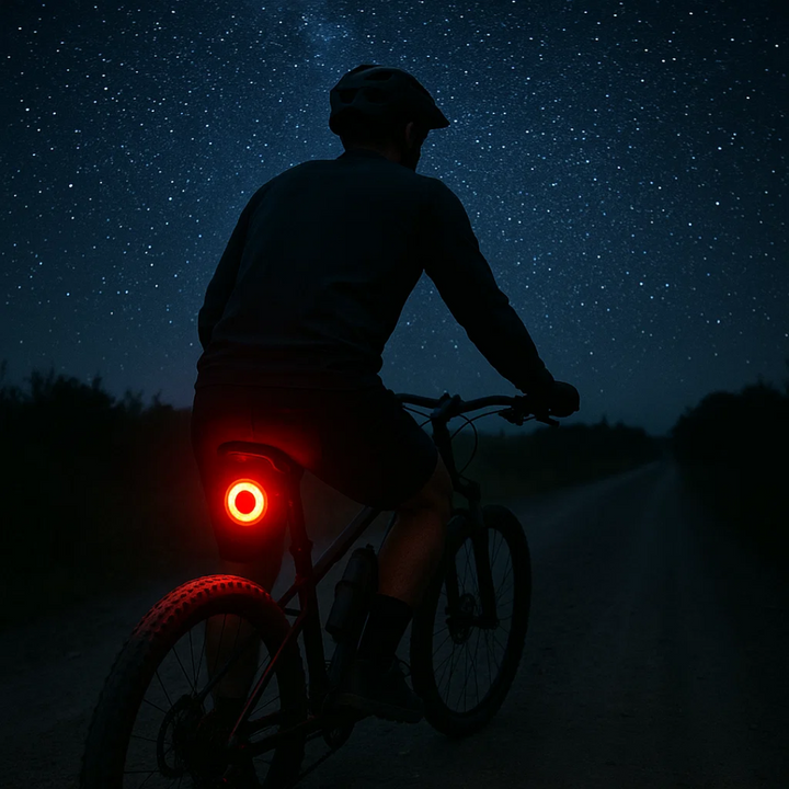 Modern cykelbelysning: LED bakljus som dubblerar som bromsljus. Ökar säkerhet för cyklister.