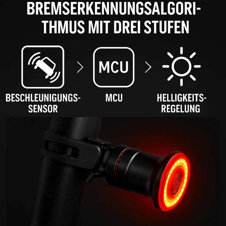 Intelligent cykel bakljus med automatisk bromsljusfunktion. Viktigt cykeltillbehör för synlighet.