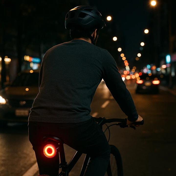 Cykel bakljus monterat på sadelstolpe. Ger starkt rött ljus med bromsfunktion för pendling.