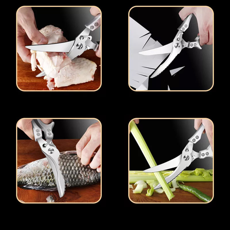"Kraftiga kökssaxar i rostfritt stål, ergonomisk design, skarp blad för kycklingben och kött."