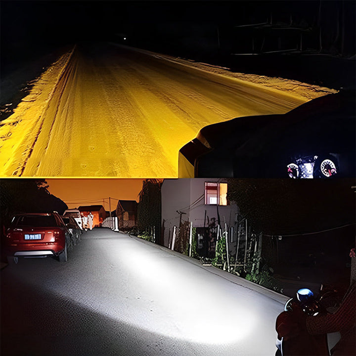 "Kraftiga motorcykel LED extraljus för väg och off-road, silverfärgad aluminium med justerbar montering, ger starkt ljus."