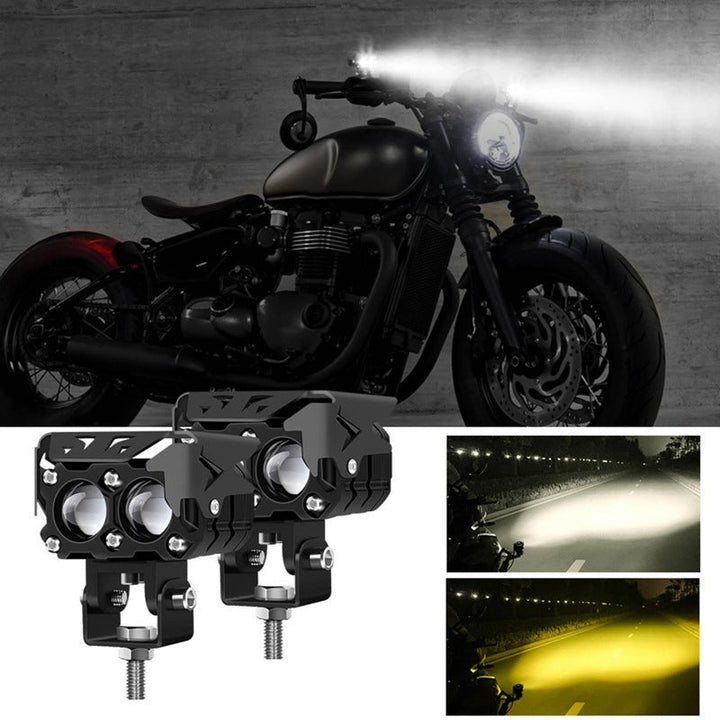 "Kraftiga motorcykel LED extraljus för väg och off-road, silverfärgad aluminium med justerbar montering, ger starkt ljus."