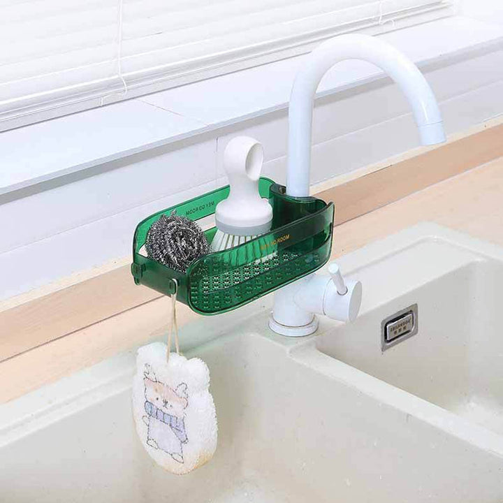 "Kranhylla i plast för köksblandare med dräneringshål, enkel montering, i flera färger för effektiv förvaring."