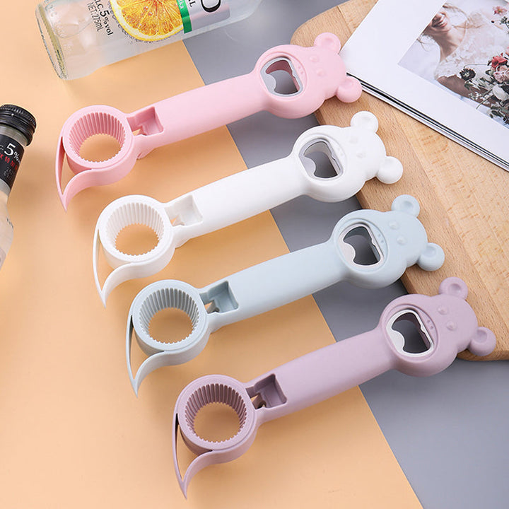 "Kreativ 4-i-1 multifunktions-flasköppnare i rostfritt stål, ergonomisk design, vit, blå, rosa, lila färger."