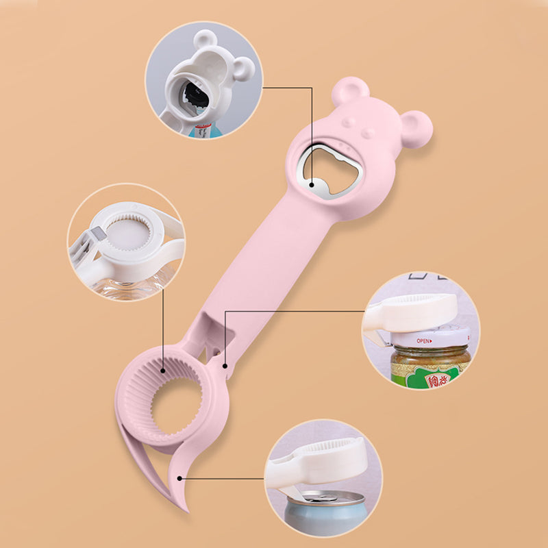 "Kreativ 4-i-1 multifunktions-flasköppnare i rostfritt stål, ergonomisk design, vit, blå, rosa, lila färger."