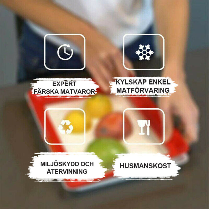 "Kreativ matförvaring för köket, elastisk täckning, hållbar, miljövänlig, ergonomisk design, kylskåpsvänlig."