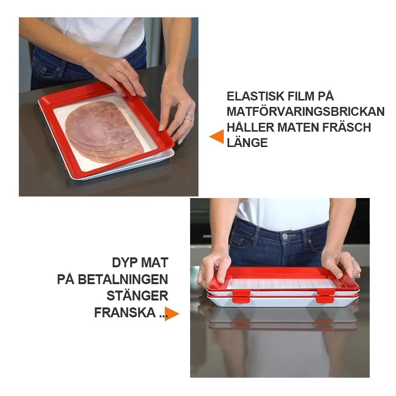"Kreativ matförvaring för köket, elastisk täckning, hållbar, miljövänlig, ergonomisk design, kylskåpsvänlig."