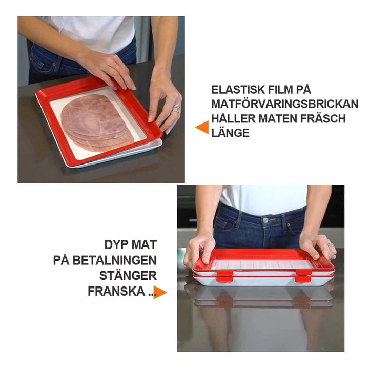 "Kreativ matförvaring för köket, elastisk täckning, hållbar, miljövänlig, ergonomisk design, kylskåpsvänlig."