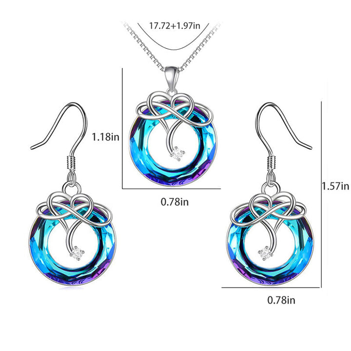 "Kvinna oändlighet halsband & örhängen set i silver och blått, elegant smyckesdesign för modern stil och tidlös charm."