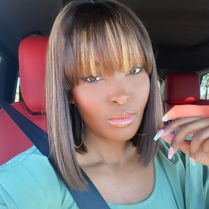 "Kvinna skiktad rak peruk, naturlig glans, mjuk, kort, brun och gyllene, 25-30 cm, elegant tillbehör för kvinnor."