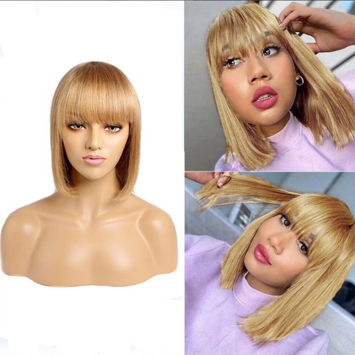 "Kvinna skiktad rak peruk, naturlig glans, mjuk, kort, brun och gyllene, 25-30 cm, elegant tillbehör för kvinnor."