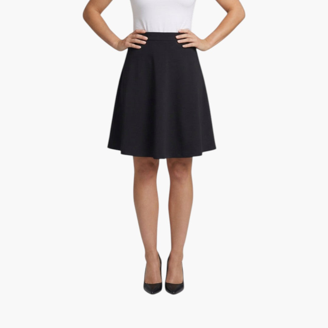 Kvinnlig högmidjad kjol, knälång & elegant. Perfekt för vardag och stilren mode.