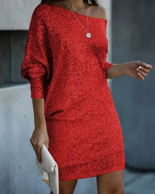 Elegant off-shoulder paljett miniklänning, en chic festklänning för kvinnor med stil.
