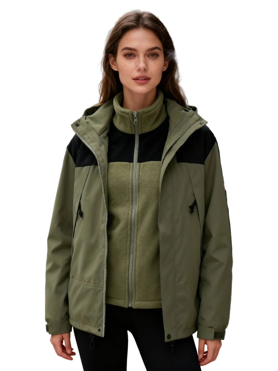 Kvinnors 3-i-1 vinterjacka med avtagbar fleece och huva, perfekt för att hålla värmen.
