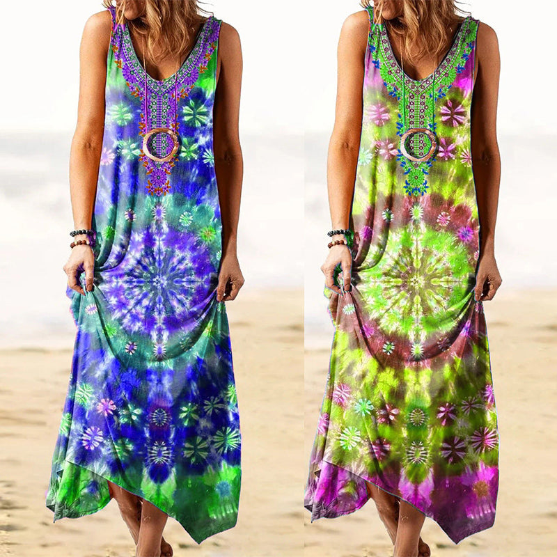 "Kvinnors ärmlös bohemisk maxiklänning i färggrannt tie-dye mönster, perfekt för sommar och strand."