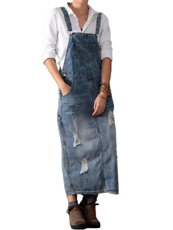 Kvinnors avslappnade denimklänning med axelband, perfekt som sommarklänning i vintagestil.