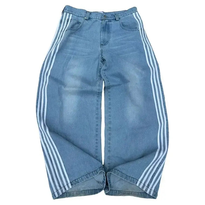 Kvinnors baggy jeans med hög midja och sportiga vita sidränder, y2k streetwear stil