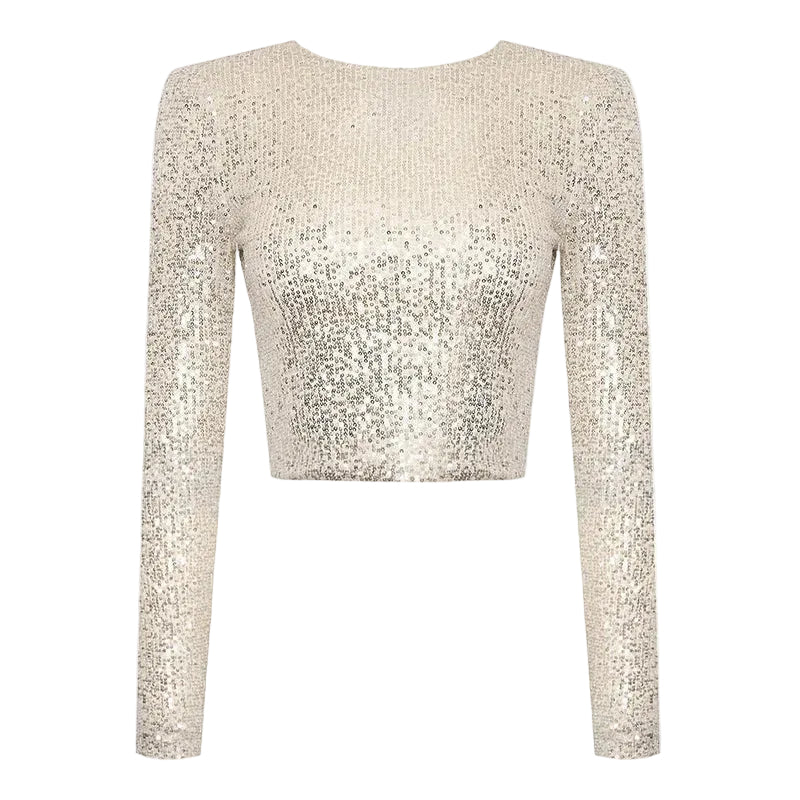 Kvinnors beige långärmad paljettopp, beskuren design, perfekt som festtopp.