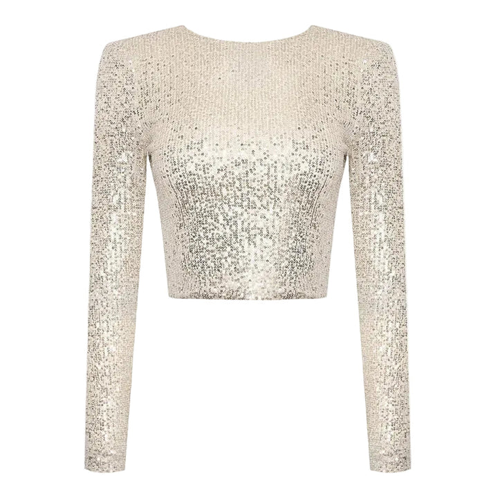 Kvinnors beige långärmad paljettopp, beskuren design, perfekt som festtopp.