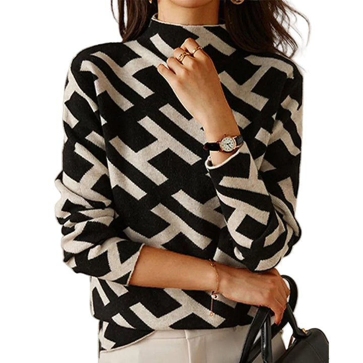 Kvinnors bekväm stickad tröja med geometriskt mönster och elegant v-ringning, perfekt för höstmode.
