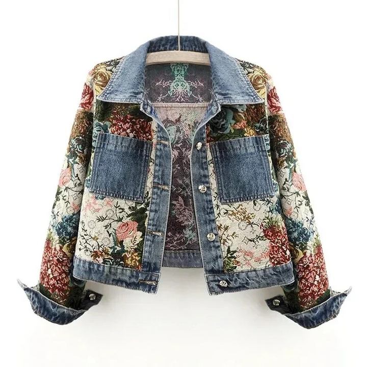 Kvinnors blommig jeansjacka, handmålad med livfulla vårblommor, vardagsjacka i denim