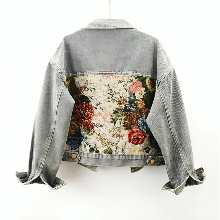 Jeansjacka med blommigt mönster för kvinnor, handmålad design, casual men elegant vårjacka