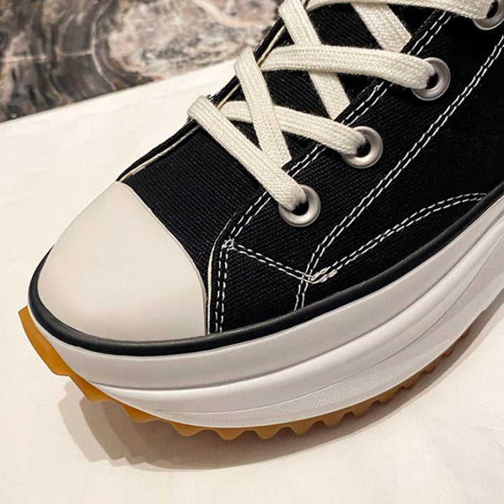 "Kvinnors canvas sneakers med tjocka sulor, gul färg, plattformsdesign, trendigt och hållbart material, stilsäkra skor."