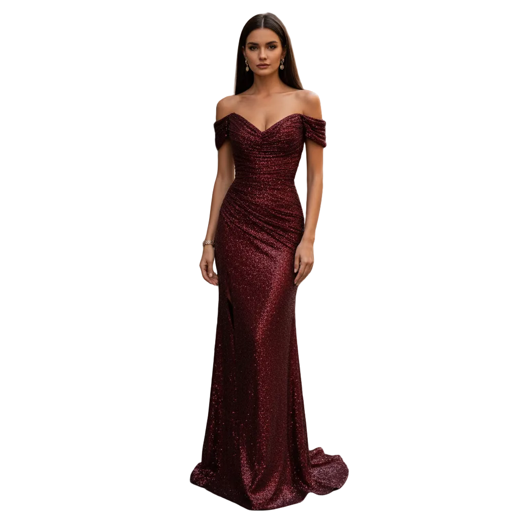 Kvinnors figurnära off-shoulder aftonklänning med paljetter i elegant design, perfekt för fest och gala.