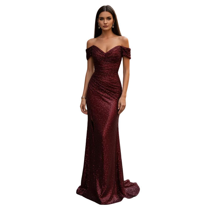 Kvinnors figurnära off-shoulder aftonklänning med paljetter i elegant design, perfekt för fest och gala.