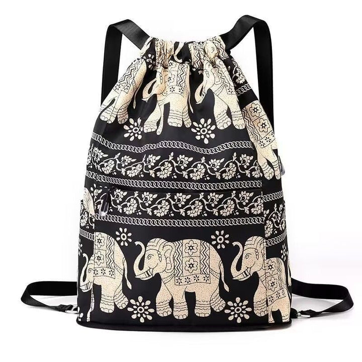 "Kvinnors hopfällbar dragsnöre sportryggsäck, stor kapacitet, elefantmönster, vattenavvisande nylon, justerbara remmar."