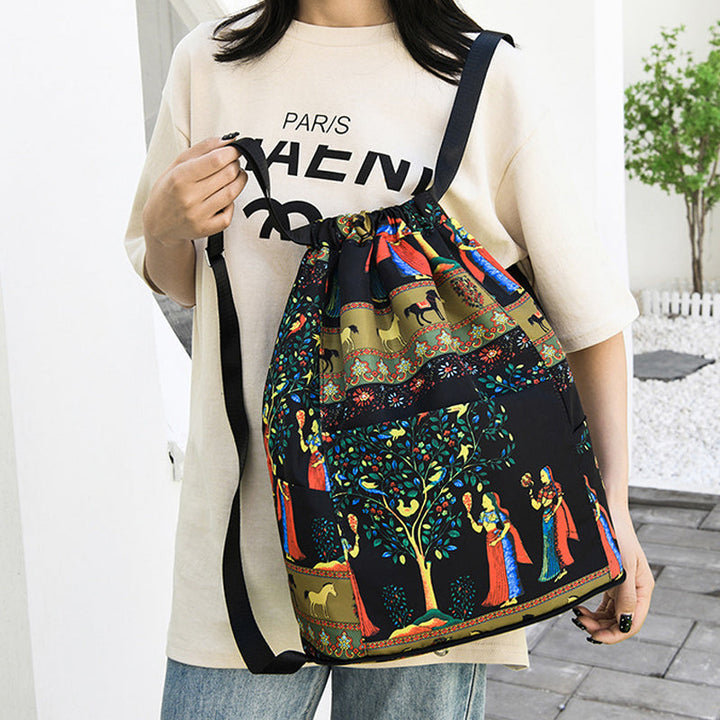 "Kvinnors hopfällbar dragsnöre sportryggsäck, stor kapacitet, elefantmönster, vattenavvisande nylon, justerbara remmar."