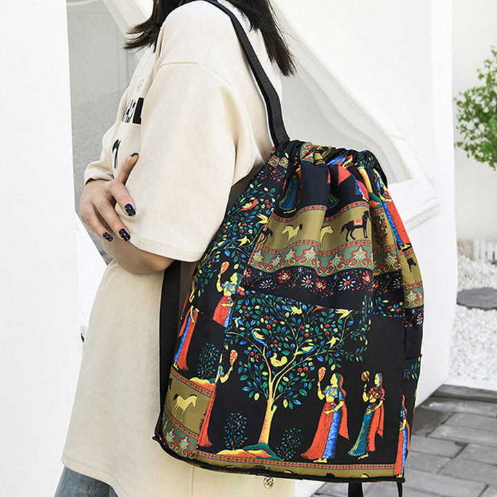 "Kvinnors hopfällbar dragsnöre sportryggsäck, stor kapacitet, elefantmönster, vattenavvisande nylon, justerbara remmar."