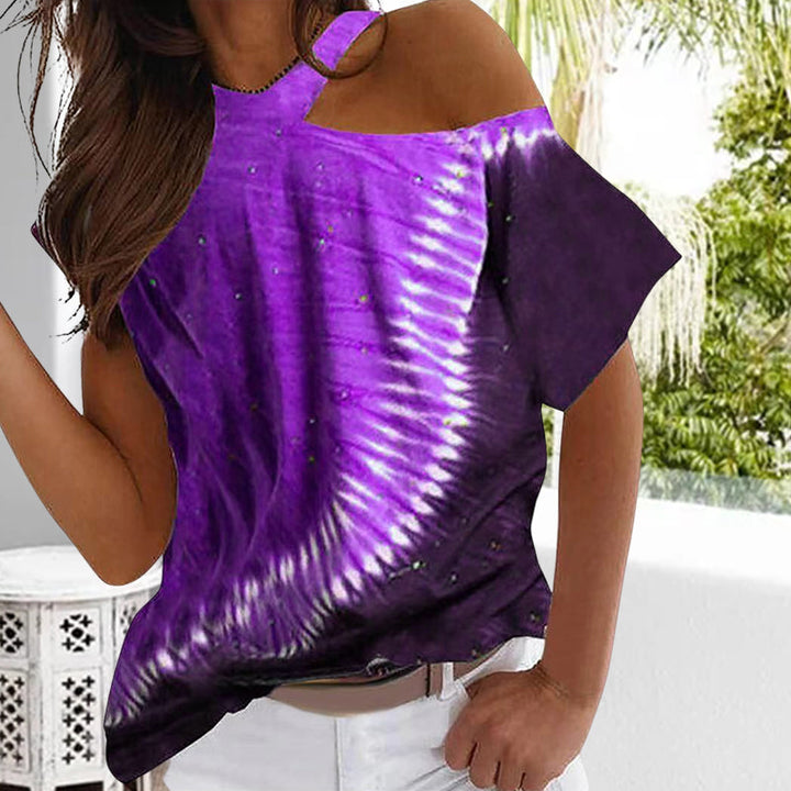 "Kvinnors kortärmad tryckt grimma top, elegant halterneck design, flera färgvariationer, avslappnad och stilfull look"