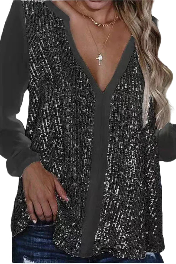 Kvinnors långärmad paljettblus med djup v-ringning, perfekt för fest och glamour.