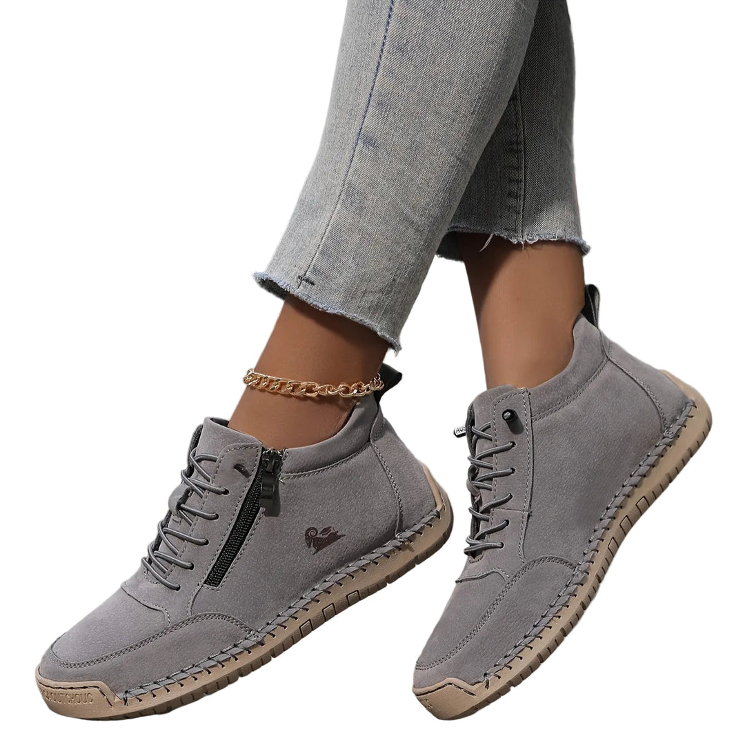Kvinnors lätta sneakers i syntet, grå med dragkedja & snörning, optimal för vardagsbruk och promenader.