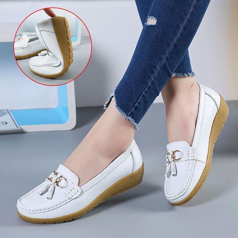 "Kvinnors luftiga läder loafers slip-on; elegant design, lätt halkfri sula, avslappnad stil för vardag och speciella tillfäll